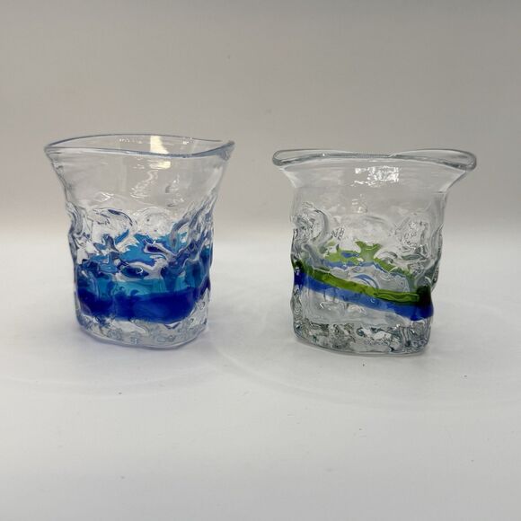 Ryukyu HandBlown Pair Clear Blue Green Swirl Glasses - Picture 2 of 10